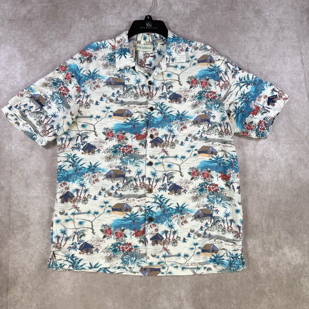 Caribbean Shirt Men Large Rayon Button AOP Hawaiian Tropical‎ Vacation Beach
